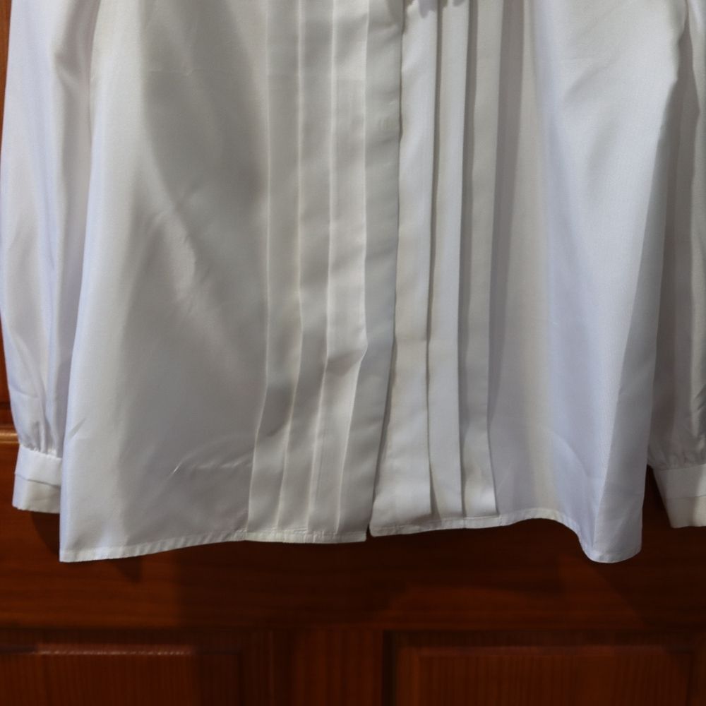 Nilani Vintage White High Neck Modest Ascot Hidden Button Pleated Blouse 11/12 - Picture 10 of 14